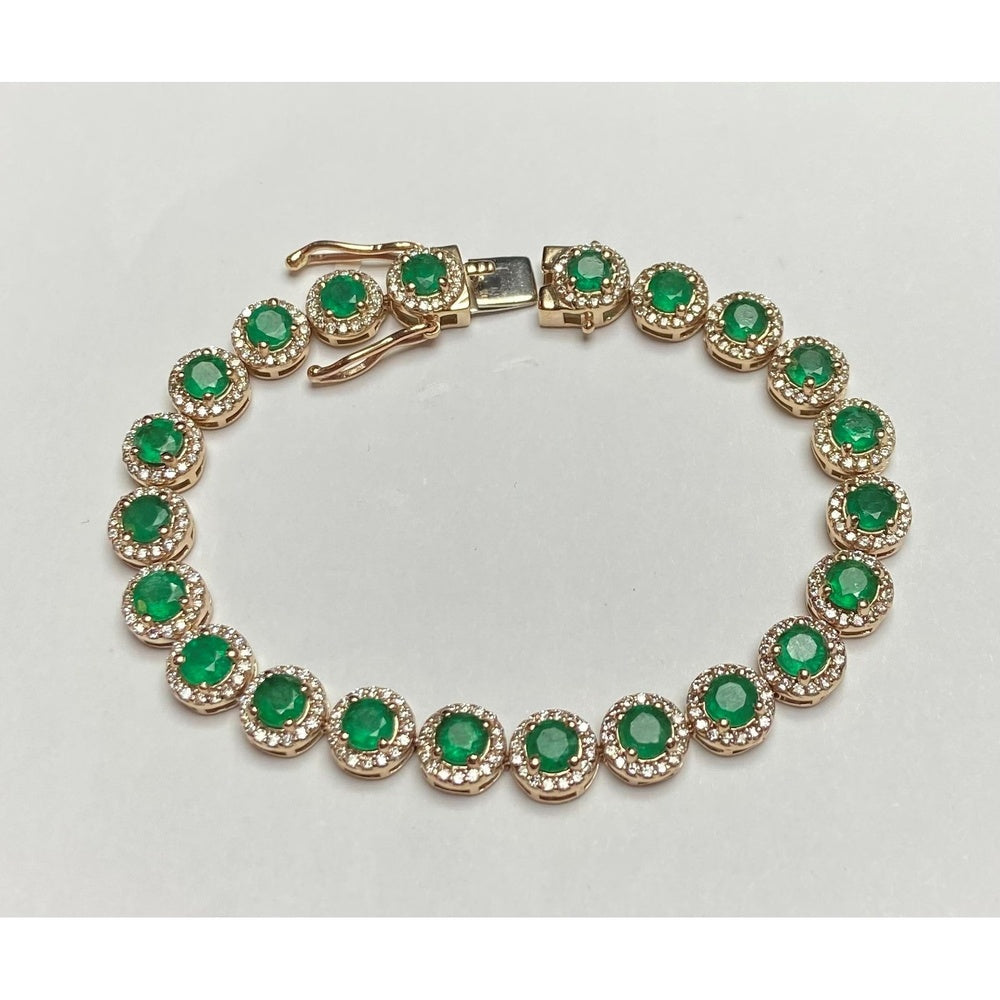 14K Yellow Gold Halo Bracelet with Round Emeralds and Diamonds - 7.25 Carat Total Emerald Weight and 2.26 Carat Total Diamond Weight by Auriventus