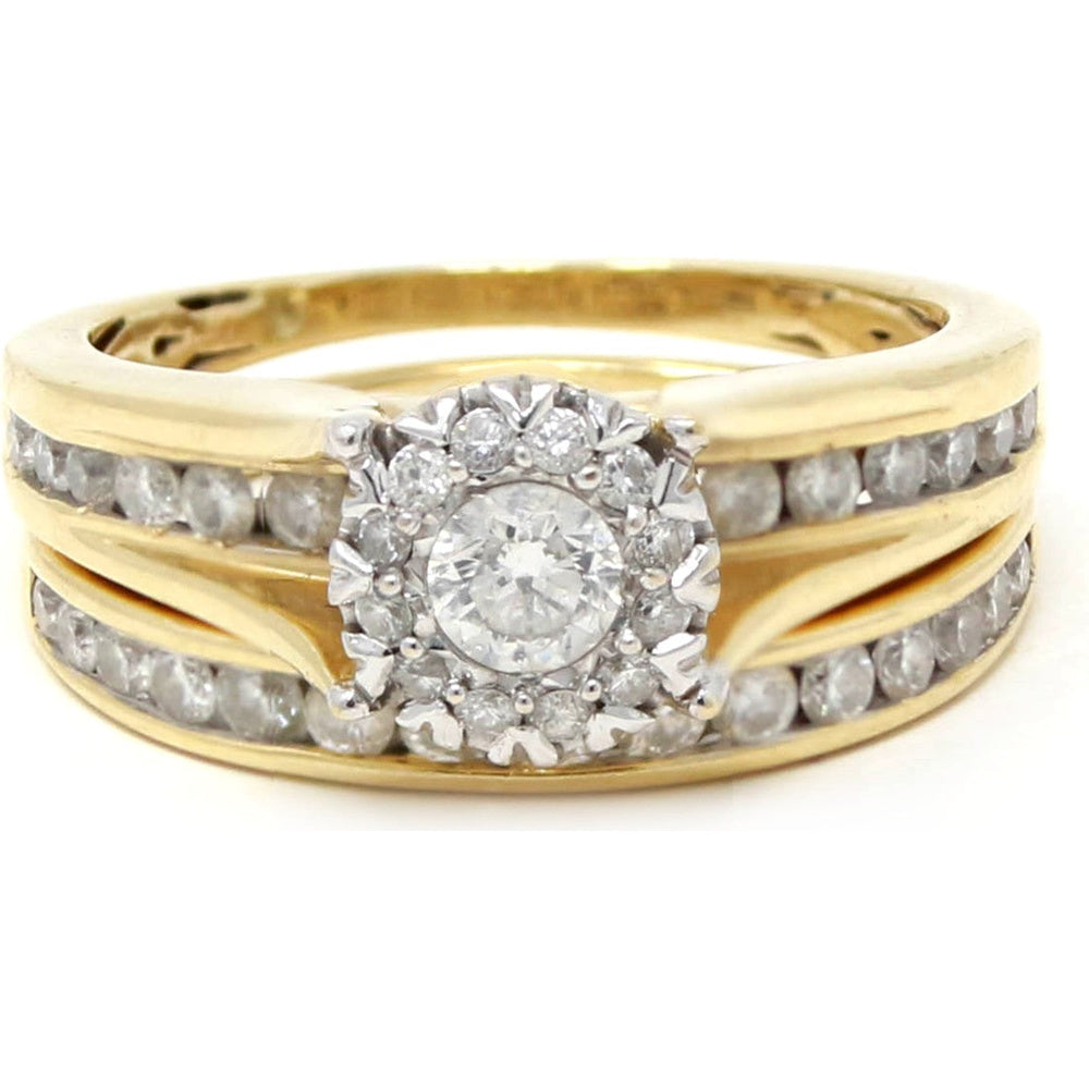 14K Yellow Gold Halo Bridal Set with Channel-Set Round Diamonds - 1.00 Carat Total Diamond Weight