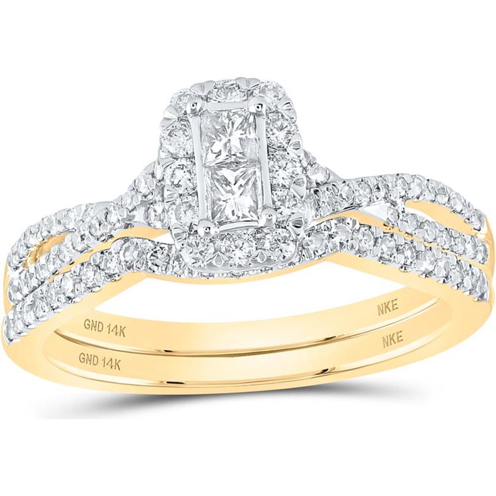 14K Yellow Gold Halo Bridal Set with Princess and Round Diamonds - 0.75 Carat Total Diamond Weight