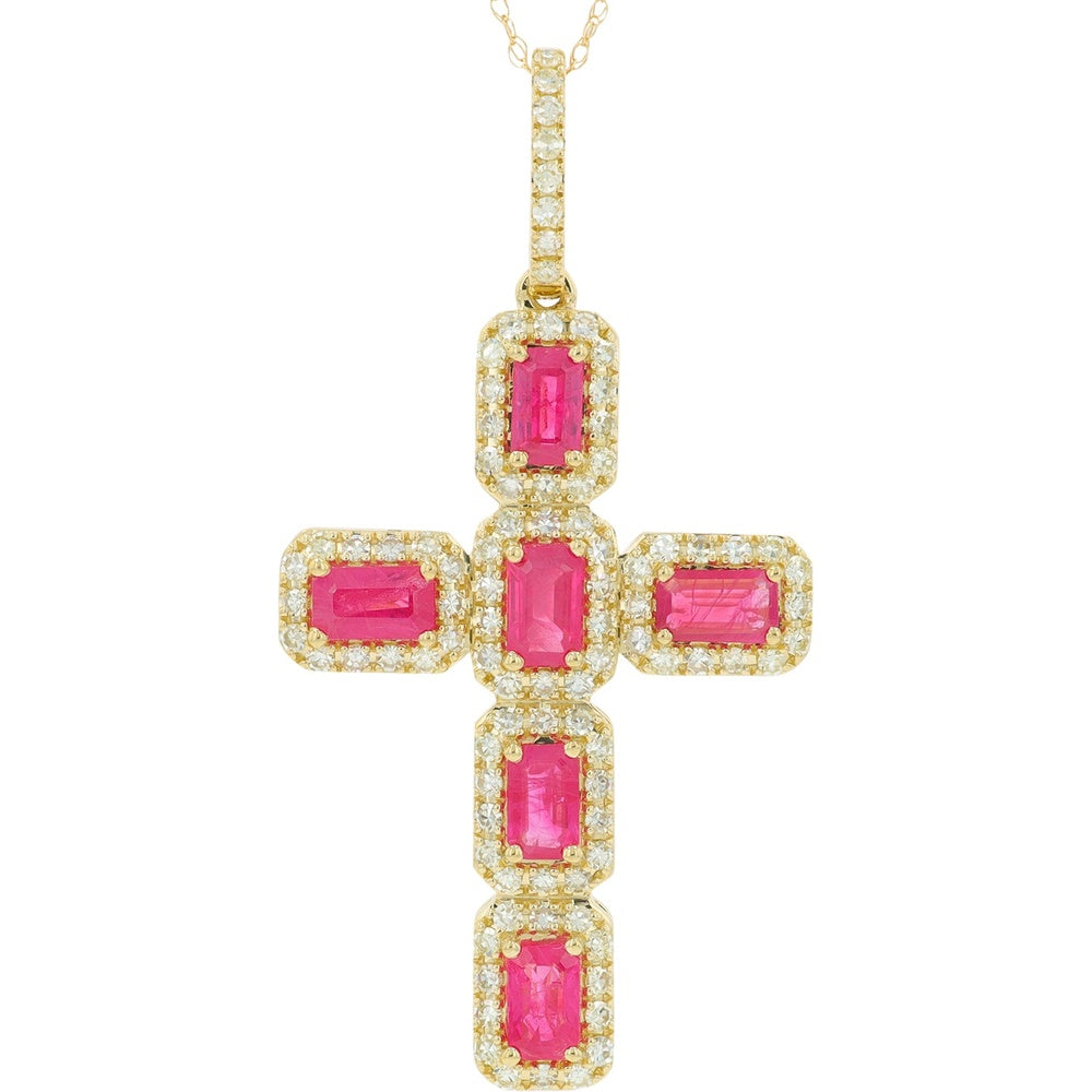 14K Yellow Gold Halo Cross Pendant with Emerald-Cut Rubies and Round Diamonds - 1.50 to 2.12 Carat Total Ruby Weight