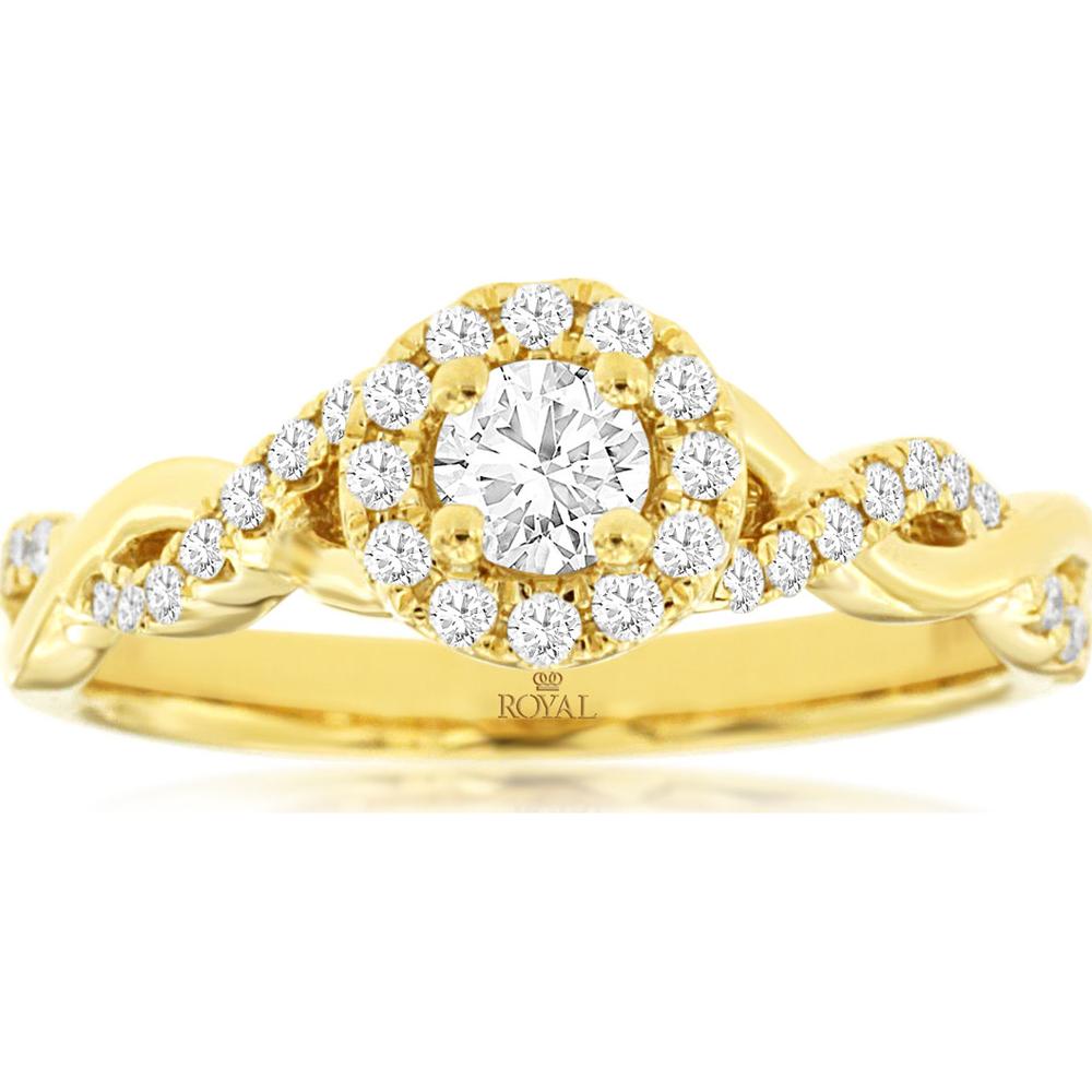 14K Yellow Gold Halo Diamond Engagement Ring with Twisted Shank and 0.50 Carat Round Brilliant Center Stone - Royal Jewelry