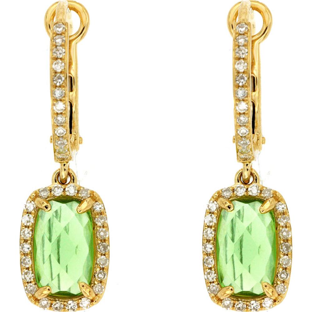 14K Yellow Gold Halo Drop Earrings with Cushion Cut Peridot and Diamond Accents - 2.30 Carat Total Peridot Weight, 0.26 Carat Total Diamond Weight - Royal Jewelry