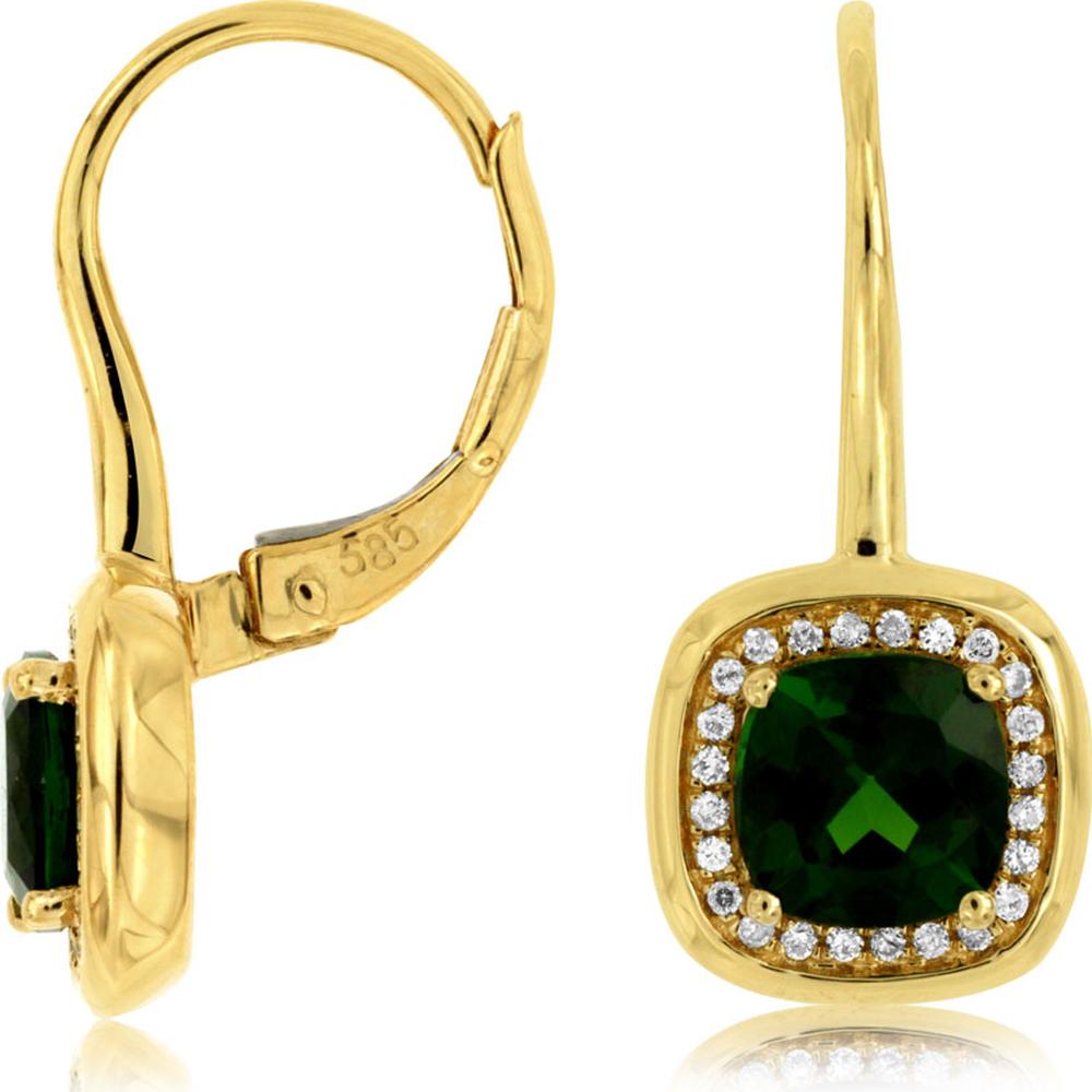 14K Yellow Gold Halo Drop Earrings with Cushion Cut Russalite and Diamond Accents - 2.10 Carat Total Russalite Weight, 0.16 Carat Total Diamond Weight - Royal Jewelry