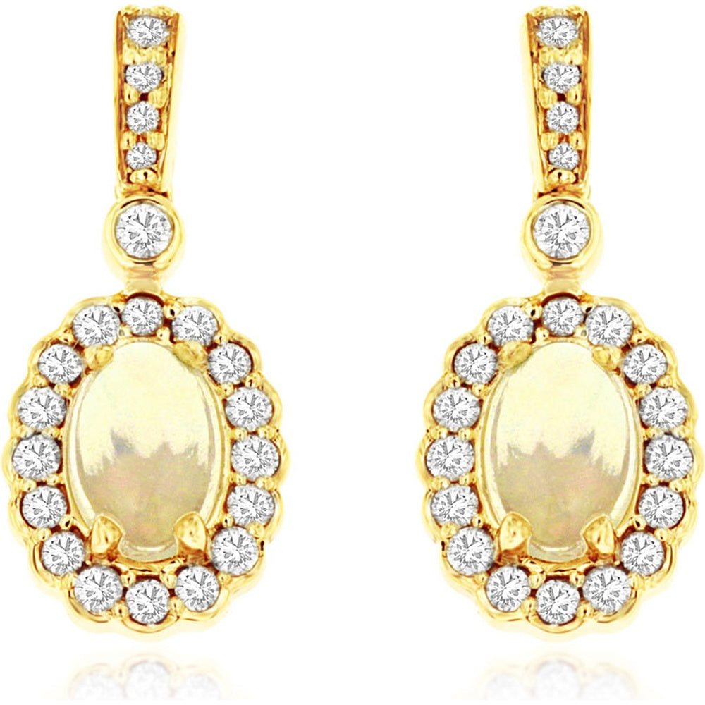 14K Yellow Gold Halo Drop Earrings with Oval Cabochon Opal and Pavé-Set Round Diamonds - 0.60 Carat Total Opal Weight and 0.33 Carat Total Diamond Weight - Royal Jewelry