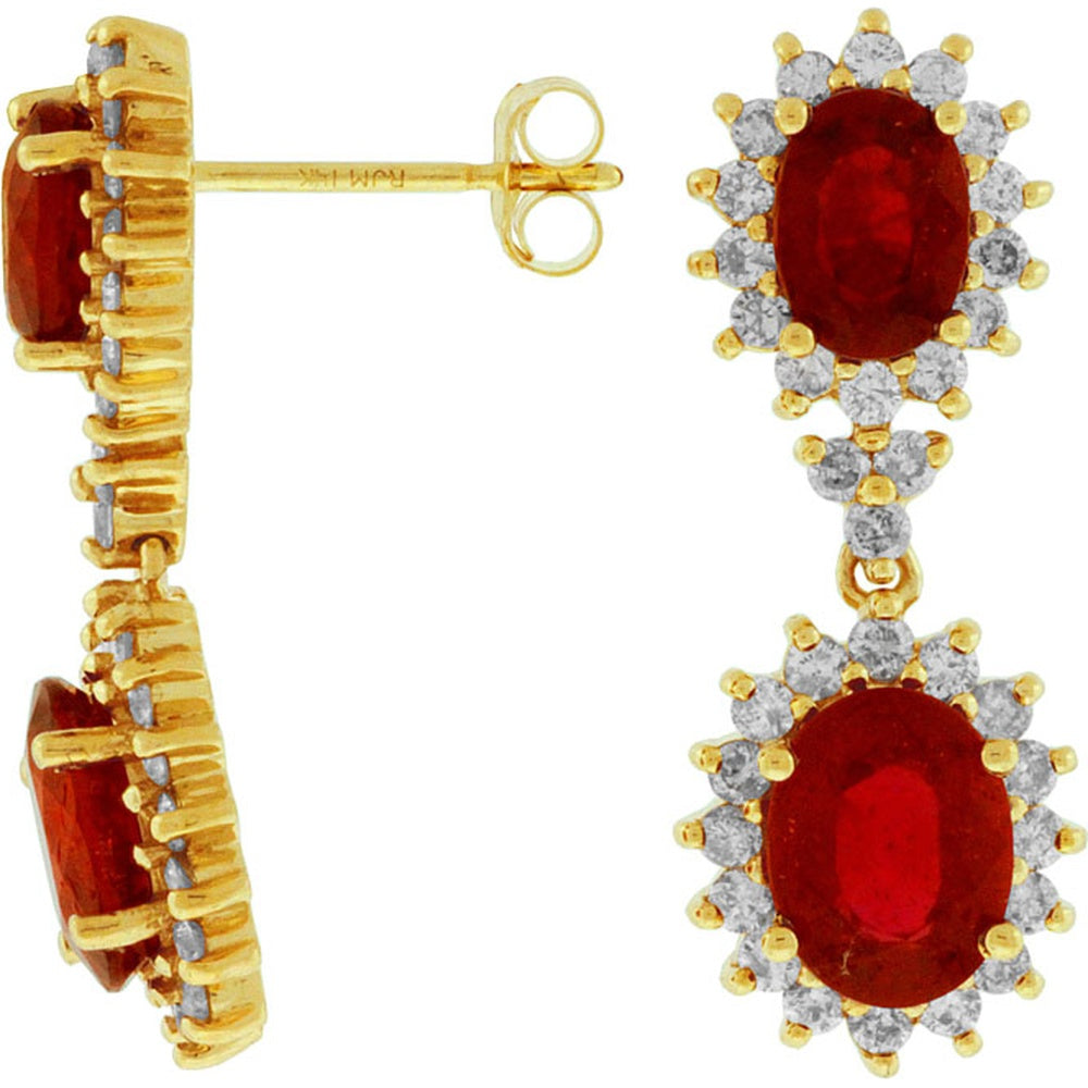 14K Yellow Gold Halo Drop Earrings with Oval Rubies and Round Diamonds - 4.40 Carat Total Ruby Weight and 1.30 Carat Total Diamond Weight - Royal Jewelry