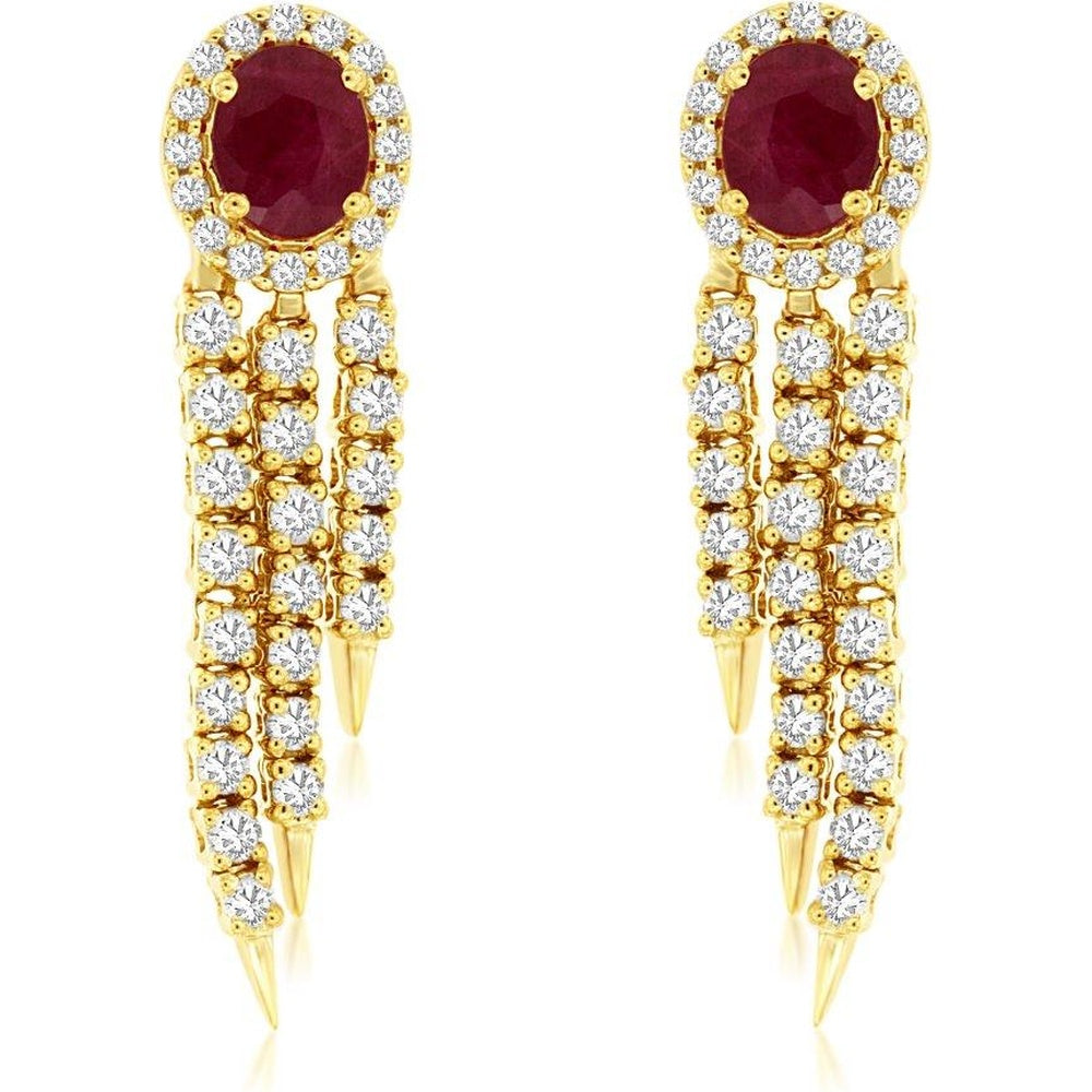 14K Yellow Gold Halo Drop Earrings with Prong-Set Round Rubies and Diamond Fringe - 1.75 Carat Total Ruby Weight and 0.66 Carat Total Diamond Weight - Royal Jewelry