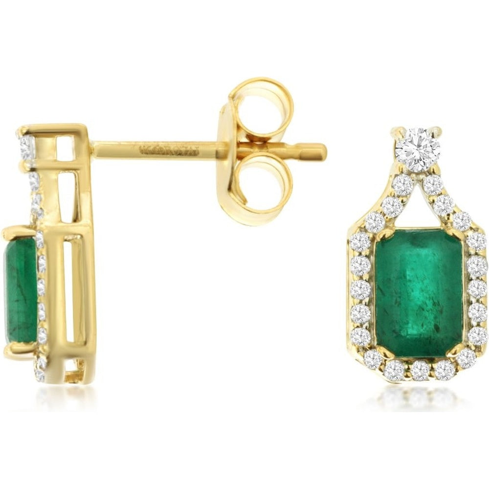 14K Yellow Gold Halo Drop Earrings with Rectangular Cut Emeralds and Round Diamonds - 1.10 Carat Total Emerald Weight and 0.25 Carat Total Diamond Weight - Royal Jewelry