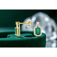 14K Yellow Gold Halo Drop Earrings with Rectangular Cut Emeralds and Round Diamonds - 1.10 Carat Total Emerald Weight and 0.25 Carat Total Diamond Weight - Royal Jewelry