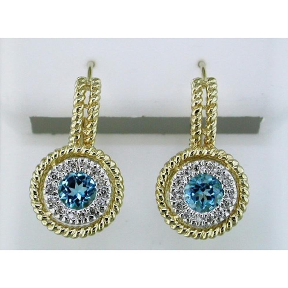 14K Yellow Gold Halo Drop Earrings with Round Blue Topaz and Diamond Accents - 0.85 Carat Total Blue Topaz Weight, 0.12 Carat Total Diamond Weight - Royal Jewelry