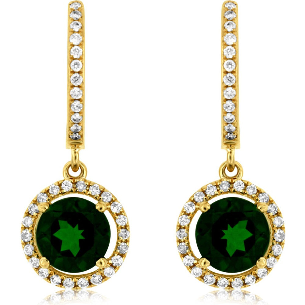 14K Yellow Gold Halo Drop Earrings with Round Brilliant Diamonds and Round Russalite Gemstones - 0.26 Carat Total Diamond Weight and 2.00 Carat Total Russalite Weight - Royal Jewelry