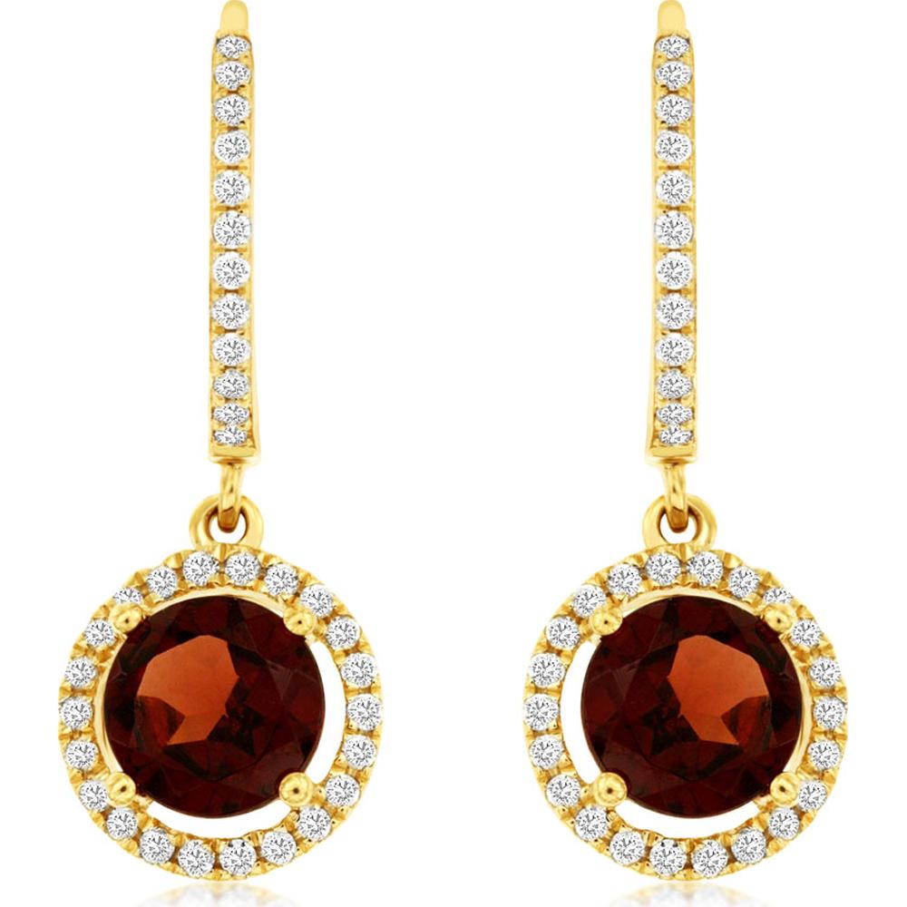 14K Yellow Gold Halo Drop Earrings with Round Garnet and Pavé Diamond Accents - 1.90 Carat Total Garnet Weight, 0.26 Carat Total Diamond Weight - Royal Jewelry