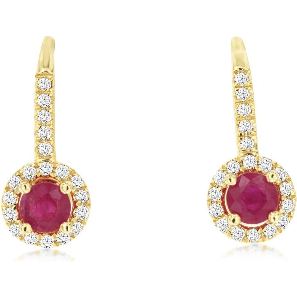 14K Yellow Gold Halo Drop Earrings with Round Rubies and Pavé Diamond Accents - 0.70 Carat Total Ruby Weight and 0.24 Carat Total Diamond Weight - Royal Jewelry