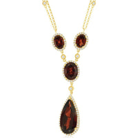 14K Yellow Gold Halo Drop Necklace with Oval and Pear-Shaped Garnets and Diamond Accents - 8.00 Carat Total Garnet Weight and 0.80 Carat Total Diamond Weight - Royal Jewelry