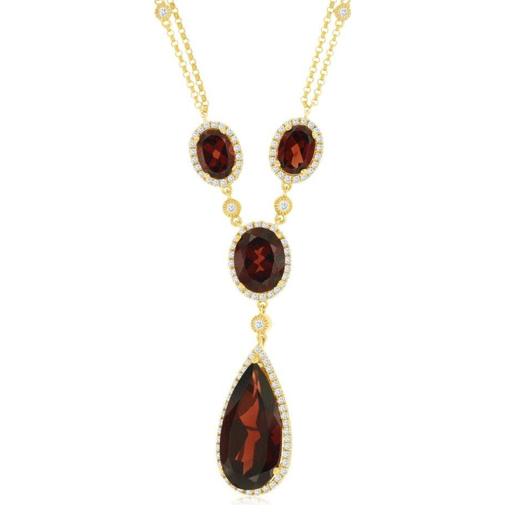 14K Yellow Gold Halo Drop Necklace with Oval and Pear-Shaped Garnets and Diamond Accents - 8.00 Carat Total Garnet Weight and 0.80 Carat Total Diamond Weight - Royal Jewelry