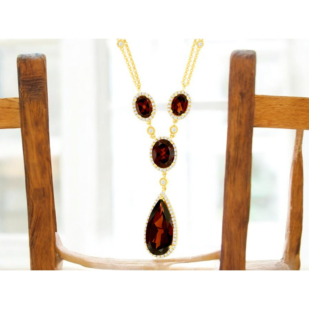 14K Yellow Gold Halo Drop Necklace with Oval and Pear-Shaped Garnets and Diamond Accents - 8.00 Carat Total Garnet Weight and 0.80 Carat Total Diamond Weight - Royal Jewelry