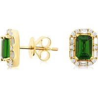 14K Yellow Gold Halo Earrings with Emerald-Cut Russalite and Round & Baguette Diamonds - 1.20 Carat Total Russalite Weight, 0.27 Carat Total Diamond Weight - Royal Jewelry