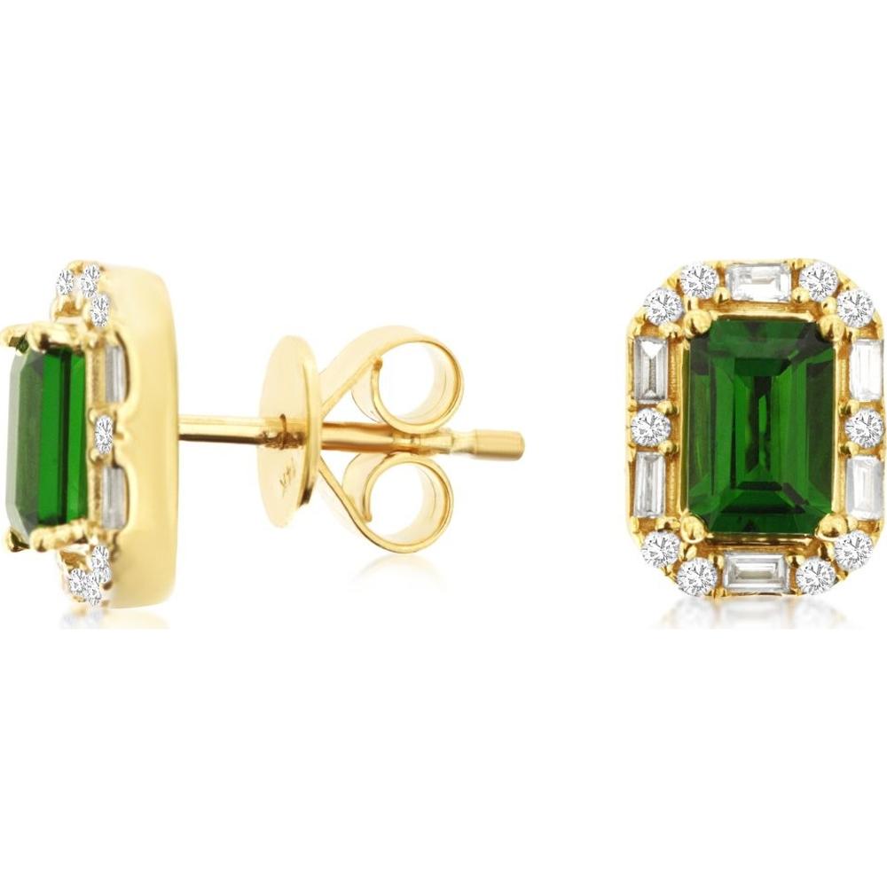 14K Yellow Gold Halo Earrings with Emerald-Cut Russalite and Round & Baguette Diamonds - 1.20 Carat Total Russalite Weight, 0.27 Carat Total Diamond Weight - Royal Jewelry