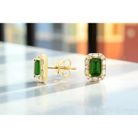 14K Yellow Gold Halo Earrings with Emerald-Cut Russalite and Round & Baguette Diamonds - 1.20 Carat Total Russalite Weight, 0.27 Carat Total Diamond Weight - Royal Jewelry