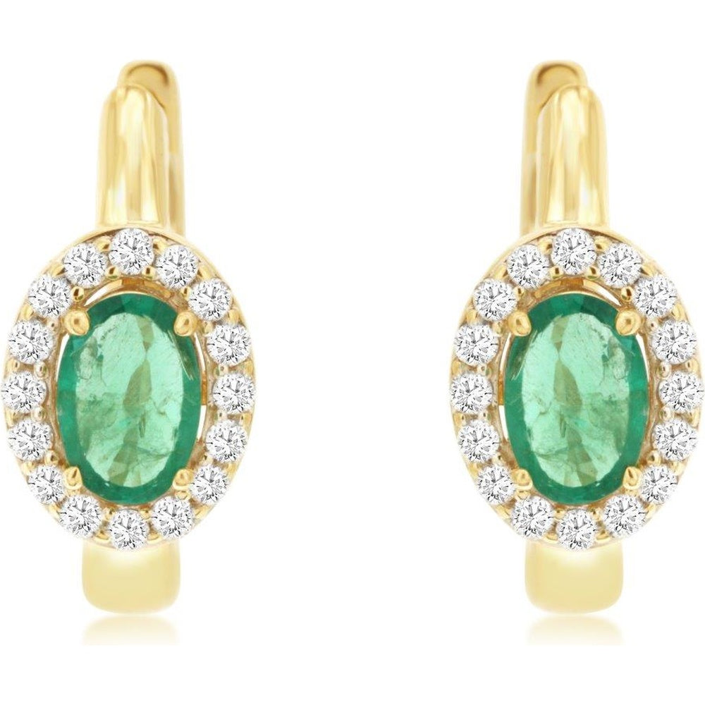 14K Yellow Gold Halo Earrings with Oval Emeralds and Round Diamonds - 0.88 Carat Total Emerald Weight and 0.25 Carat Total Diamond Weight - Royal Jewelry