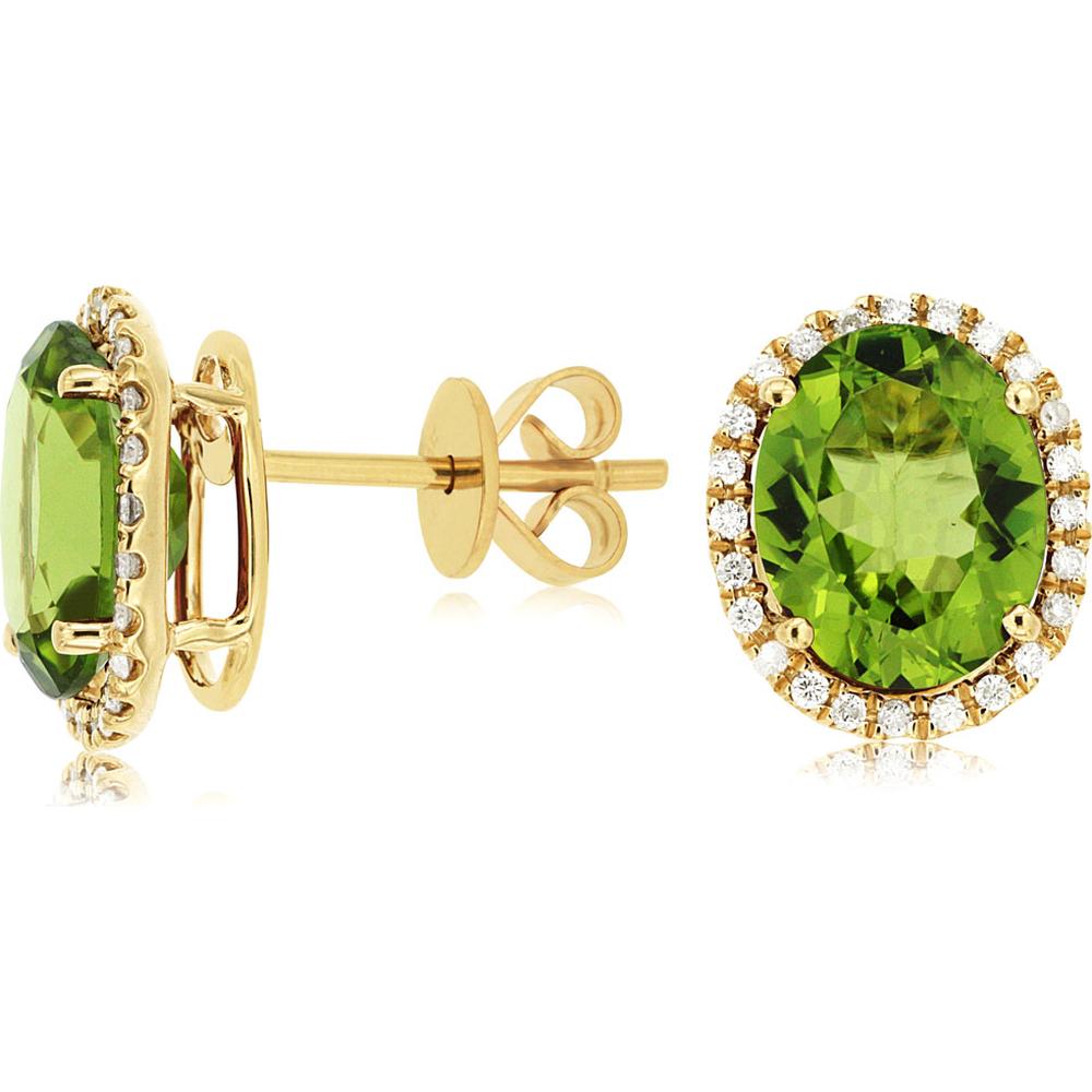 14K Yellow Gold Halo Earrings with Oval Peridot and Diamond Accents - 5.40 Carats Total Peridot Weight, 0.35 Carats Total Diamond Weight - Royal Jewelry