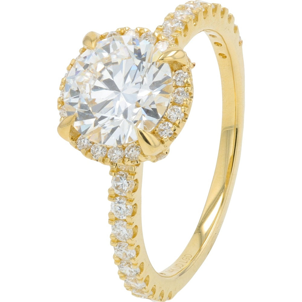 14K Yellow Gold Halo Engagement Ring with 1.50 Carat Round Lab Grown Diamond Center and Pavé Band - 2.25 Carat Total Diamond Weight