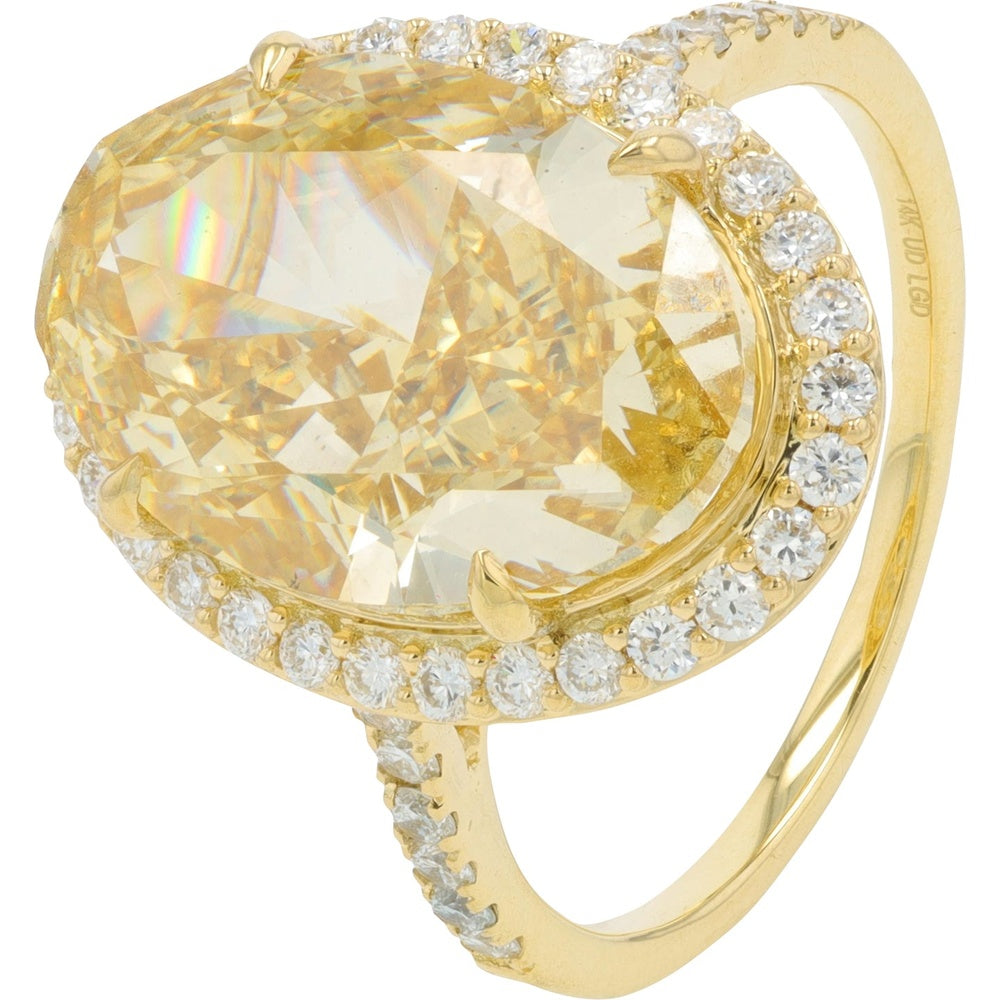 14K Yellow Gold Halo Engagement Ring with 8.50 Carat Oval Lab-Grown Yellow Diamond and Accent Stones - 9.00 Total Carat Weight