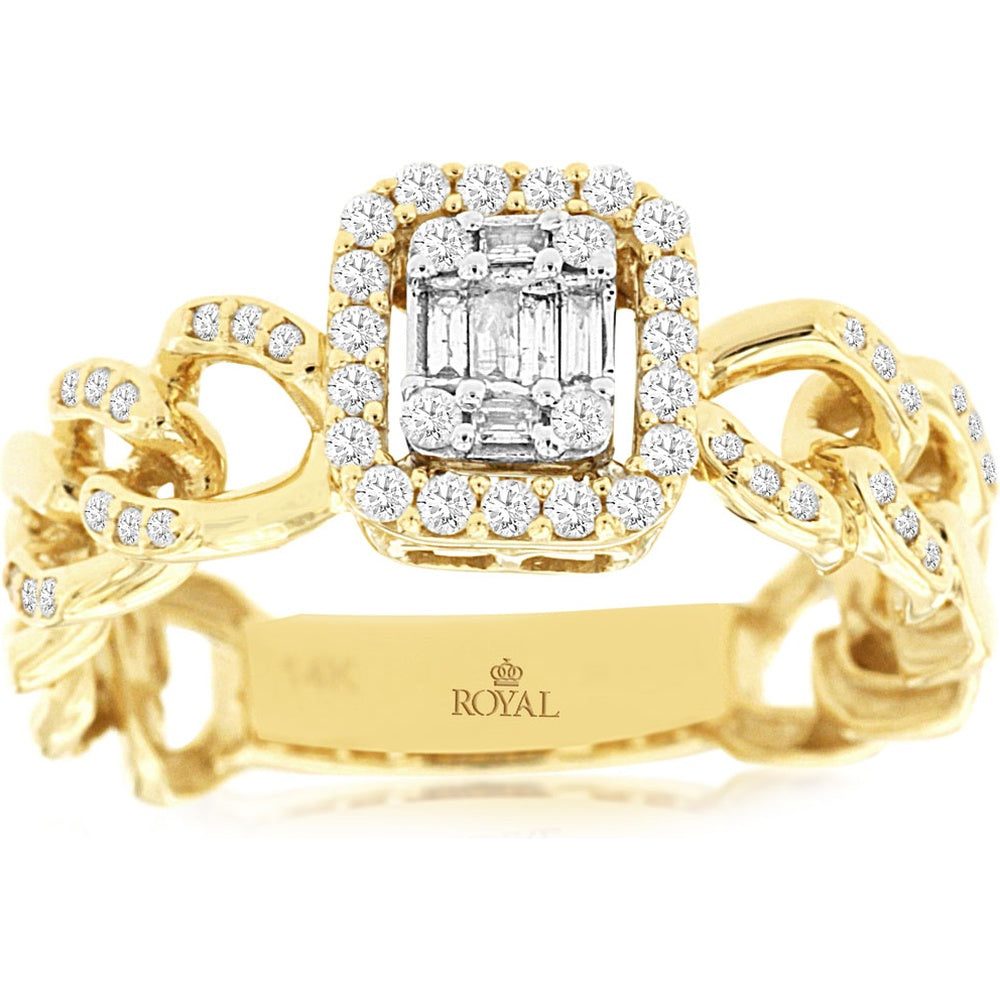 14K Yellow Gold Halo Engagement Ring with Baguette and Round Diamond Cluster and Accented Chain Link Band - 0.35 Carat Total Diamond Weight - Royal Jewelry