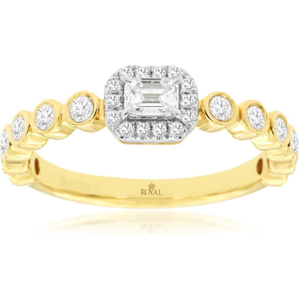 14K Yellow Gold Halo Engagement Ring with Emerald-Cut Center and Bezel-Set Accent Diamonds - 0.60 Carat Total Diamond Weight - Royal Jewelry