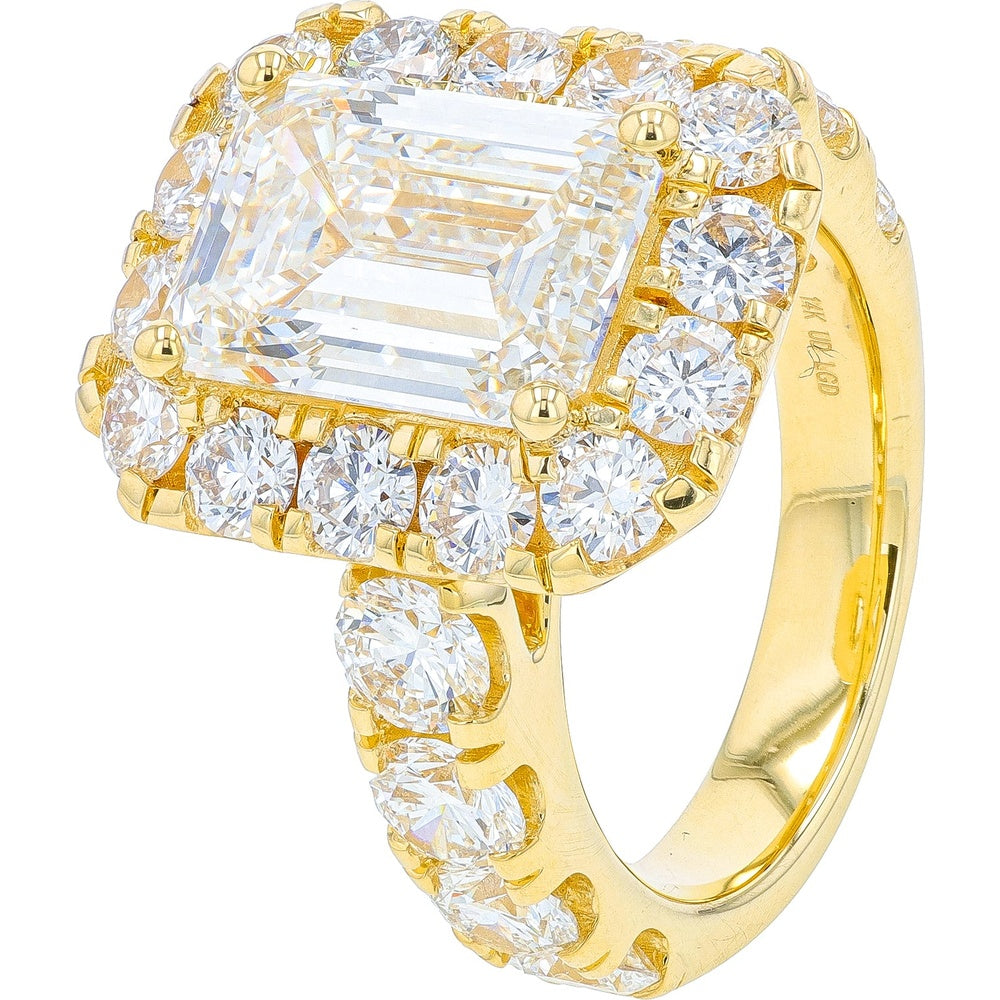 14K Yellow Gold Halo Engagement Ring with Emerald-Cut Lab Grown Diamond and Round Diamond Accents - 8.75 Carat Total Diamond Weight