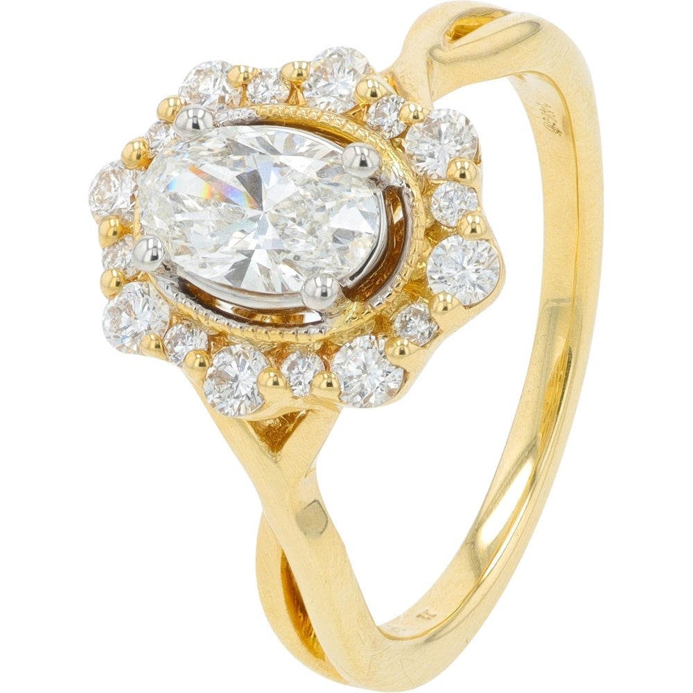 14K Yellow Gold Halo Engagement Ring with Oval Cut Diamond and Twisted Band - 1.15 Carat Total Diamond Weight