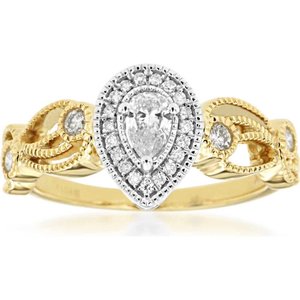 14K Yellow Gold Halo Engagement Ring with Pear-Cut Diamond and Milgrain Detail - 0.40 Carat Total Diamond Weight - Royal Jewelry