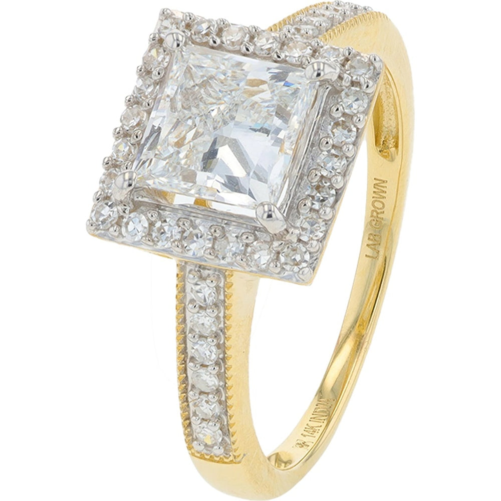 14K Yellow Gold Halo Engagement Ring with Princess-Cut Lab-Grown Diamond and Channel-Set Band - 1.75 Carat Total Diamond Weight