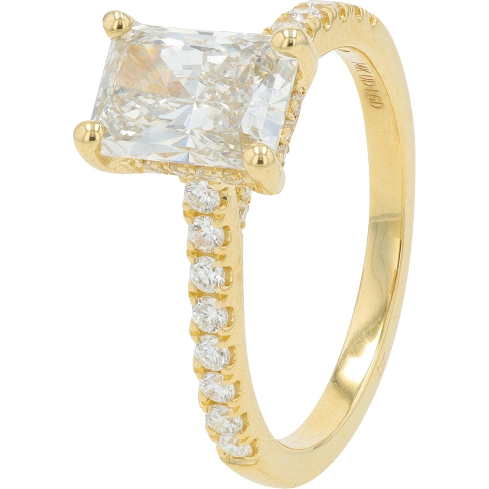 14K Yellow Gold Halo Engagement Ring with Radiant Cut Lab Grown Diamond and Pavé Band - 2.00 Carat Total Diamond Weight