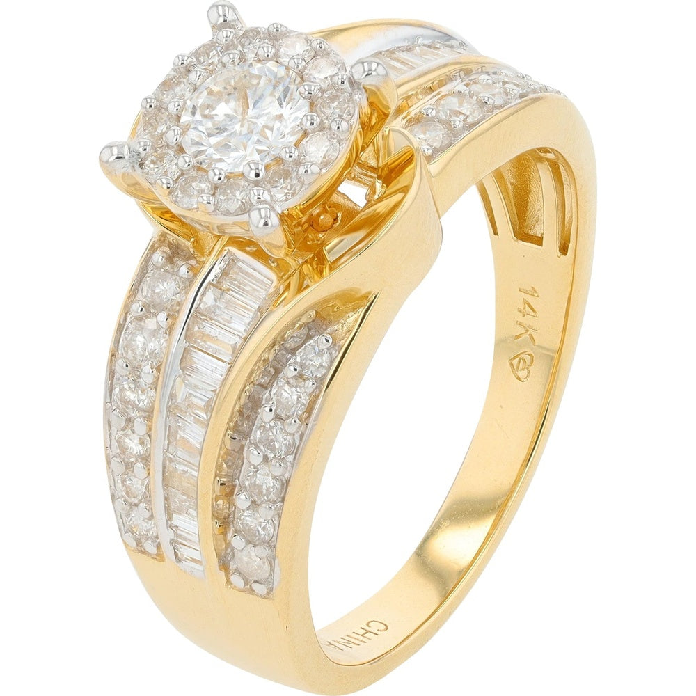14K Yellow Gold Halo Engagement Ring with Round and Baguette Diamonds - 1.00 Carat Total Diamond Weight