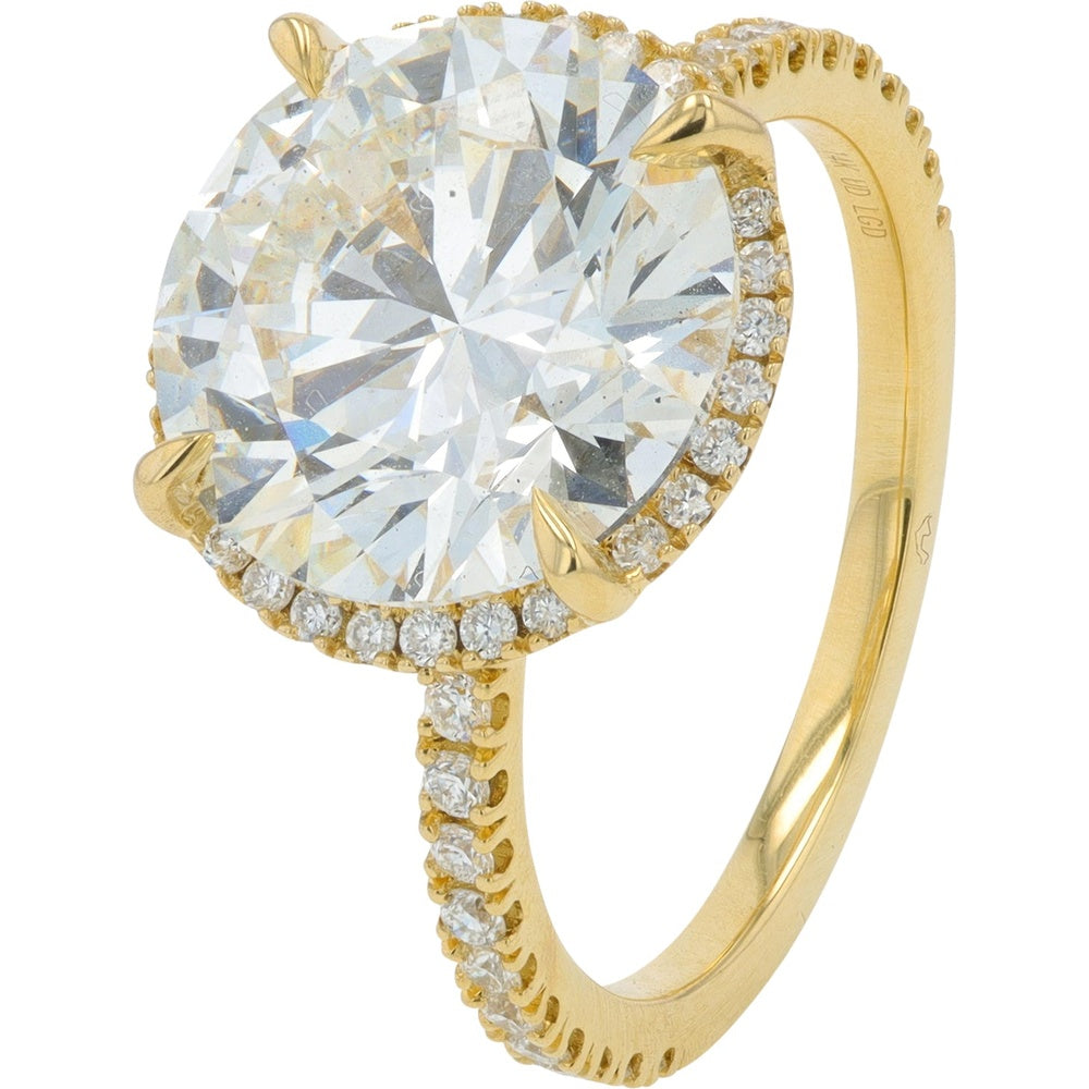 14K Yellow Gold Halo Engagement Ring with Round Lab Grown Diamond - 6.10 Carat Total Diamond Weight