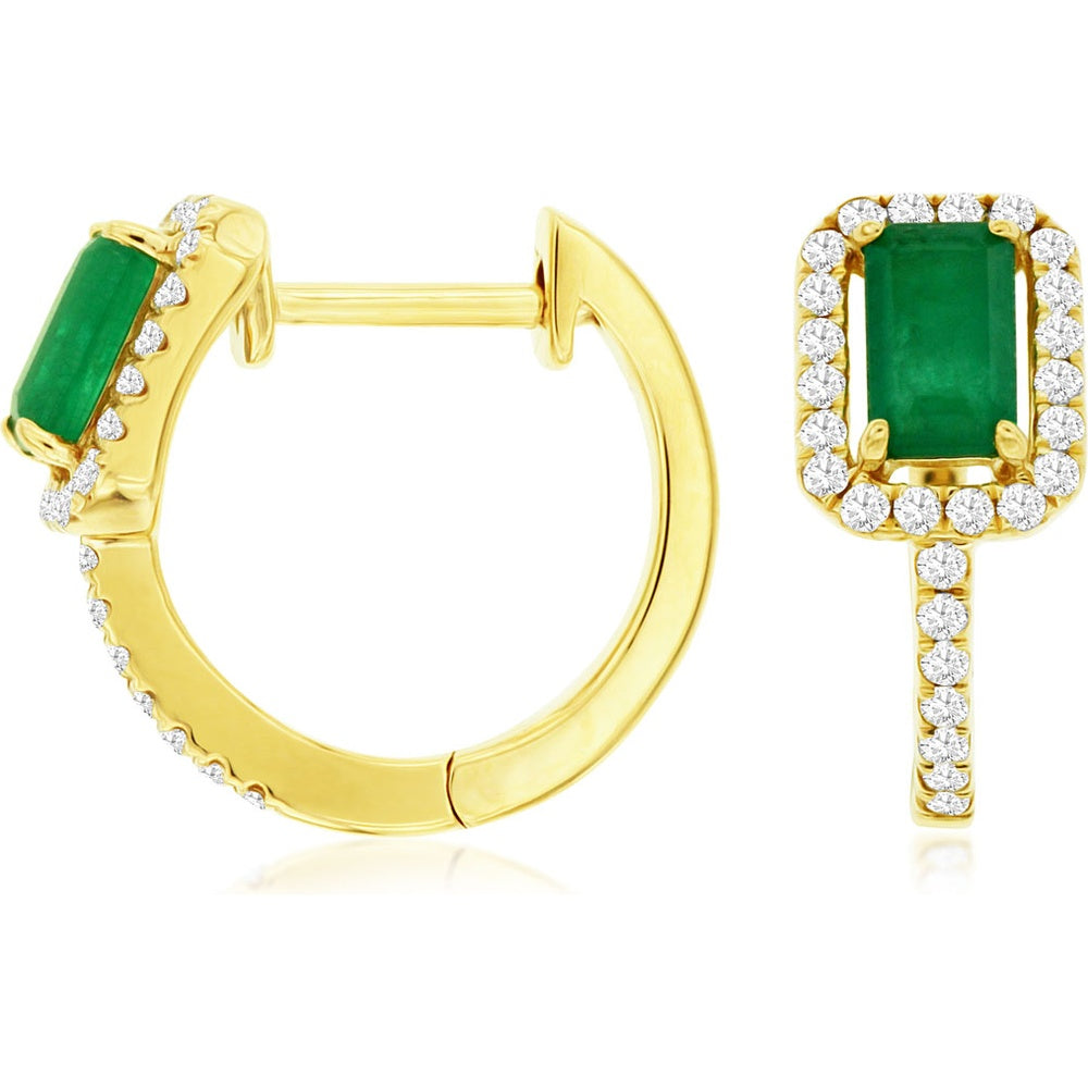 14K Yellow Gold Halo Hoop Earrings with Emerald Cut Emeralds and Round Diamonds - 0.56 Carat Total Emerald Weight and 0.21 Carat Total Diamond Weight - Royal Jewelry