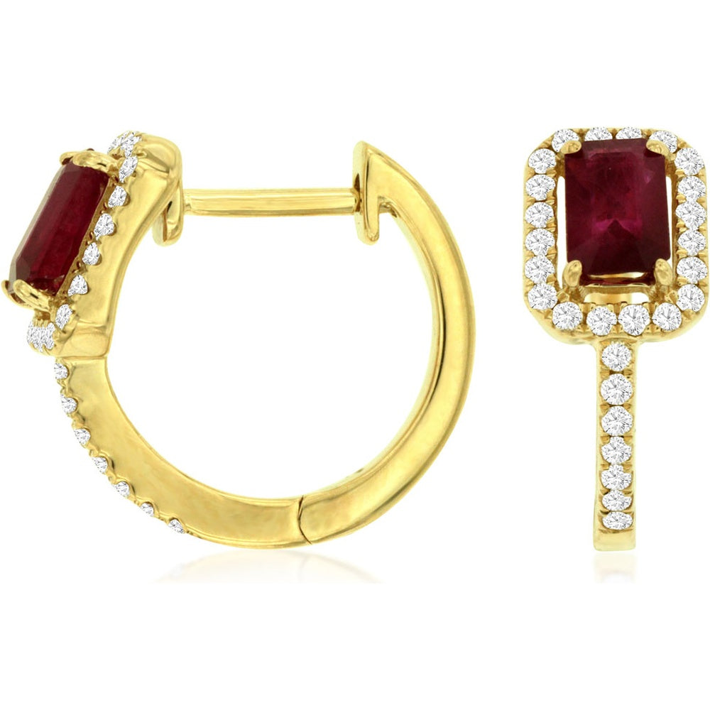14K Yellow Gold Halo Hoop Earrings with Emerald-Cut Rubies and Pavé-Set Round Diamonds - 0.70 Carat Total Ruby Weight and 0.21 Carat Total Diamond Weight - Royal Jewelry