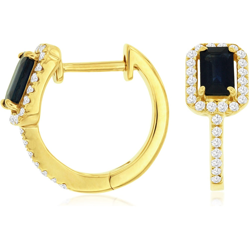 14K Yellow Gold Halo Hoop Earrings with Emerald Cut Sapphires and Round Diamonds - 0.75 Carat Total Sapphire Weight and 0.21 Carat Total Diamond Weight - Royal Jewelry