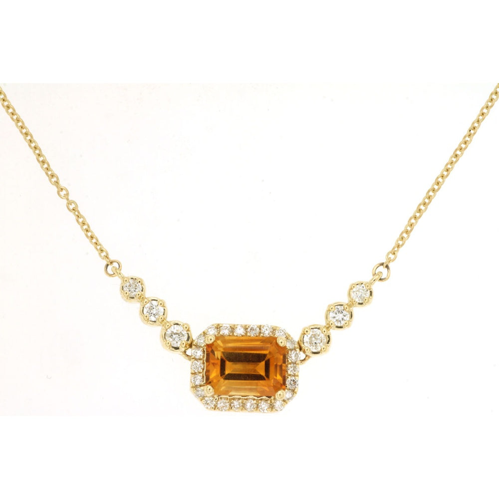 14K Yellow Gold Halo Necklace with Emerald Cut Citrine and Bezel-Set Round Diamond Stations - 1.00 Carat Citrine and 0.25 Carat Total Diamond Weight - Royal Jewelry