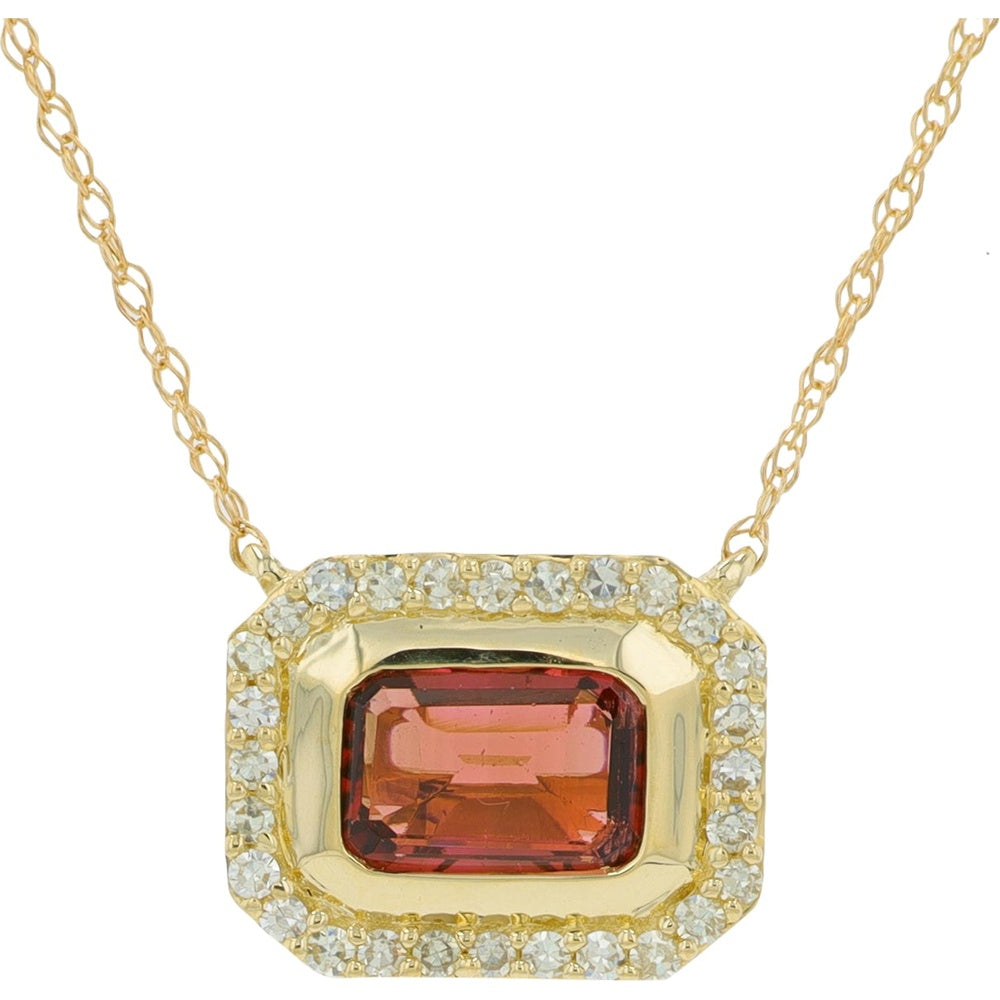14K Yellow Gold Halo Necklace with Emerald-Cut Pink Tourmaline and Bead-Set Diamonds - 1.00 Carat Tourmaline and 0.15 Carat Total Diamond Weight