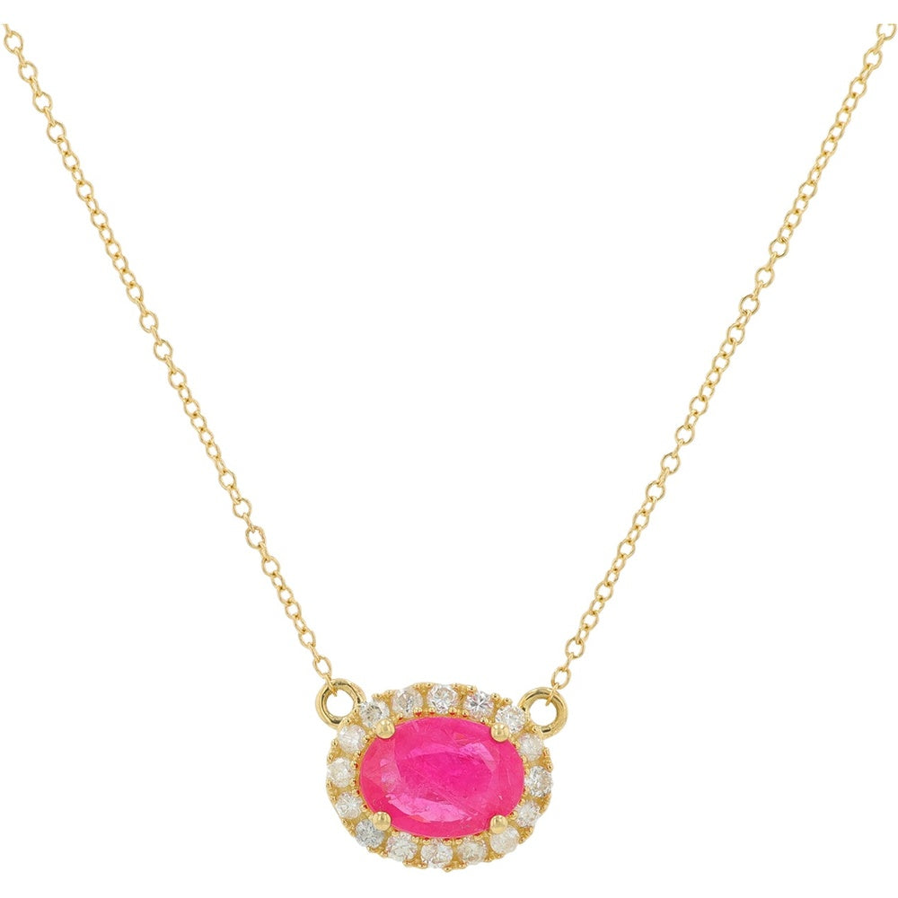 14K Yellow Gold Halo Necklace with Oval-Cut Pink Sapphire and Round Diamond Accents - 1.00 Carat Sapphire Total Weight