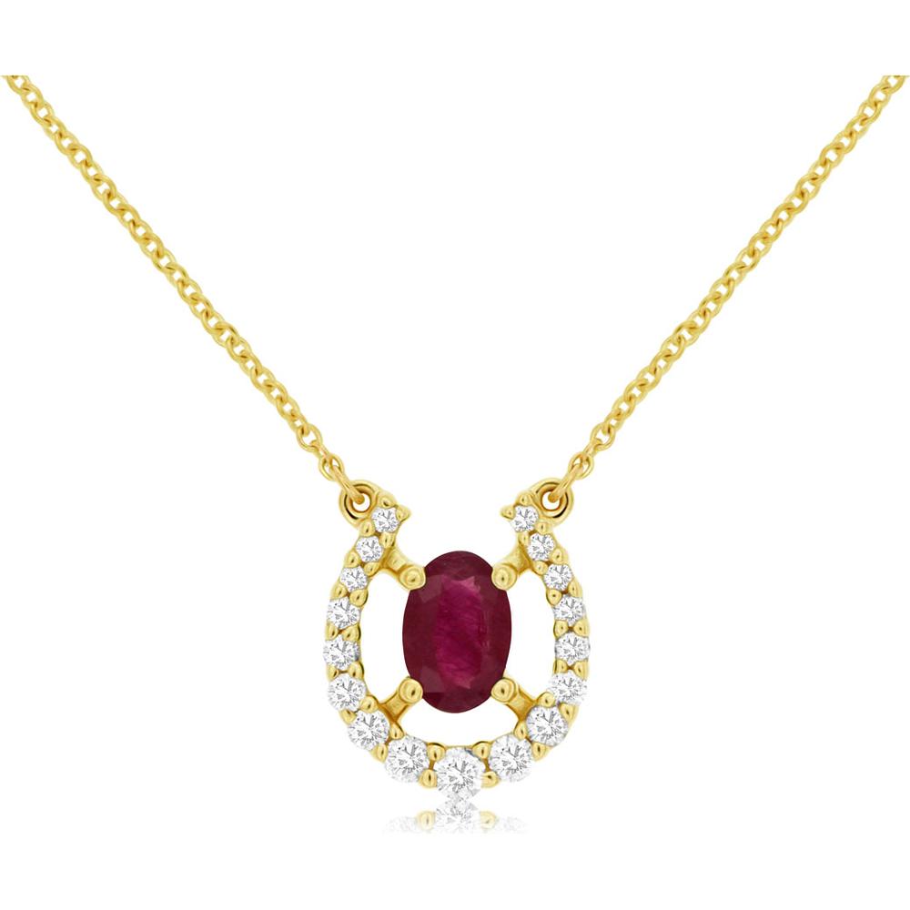 14K Yellow Gold Halo Necklace with Oval Ruby and Round Diamonds - 0.55 Carat Ruby & 0.20 Carat Diamond Total Weight - Royal Jewelry