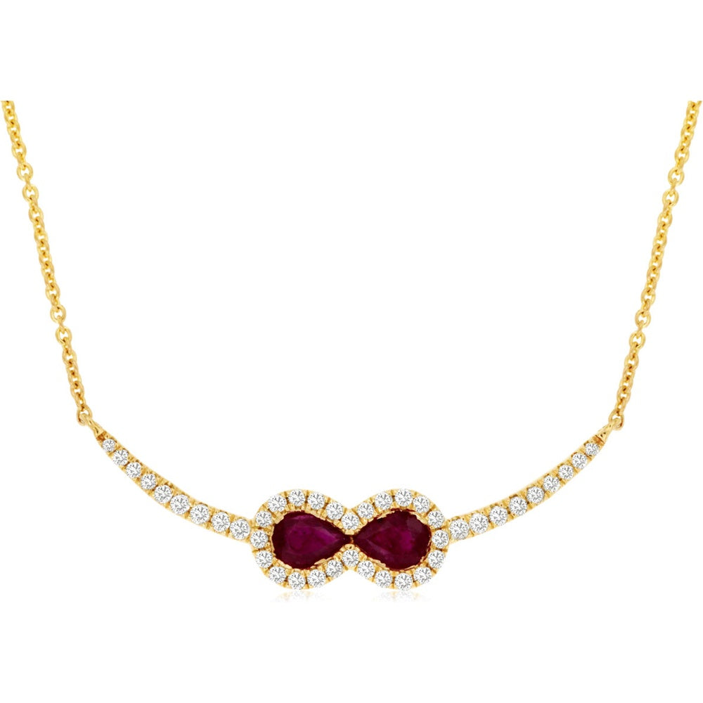 14K Yellow Gold Halo Necklace with Pear-Shaped Double Rubies and Round Diamonds - 0.35 Carat Total Ruby Weight and 0.18 Carat Total Diamond Weight - Royal Jewelry