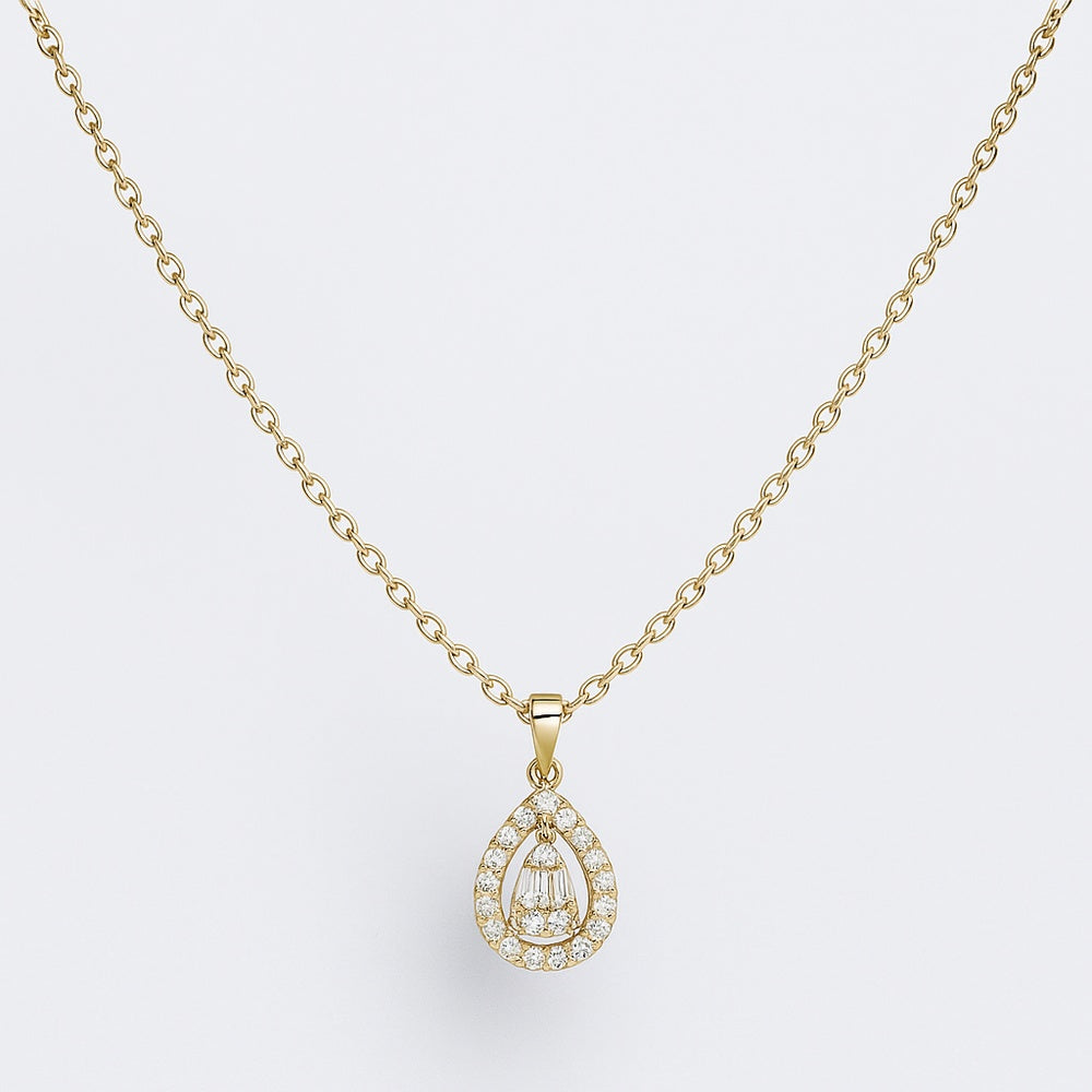14K Yellow Gold Halo Necklace with Prong-Set Round and Baguette Diamonds - 0.19 Carat Total Diamond Weight by Auriventus