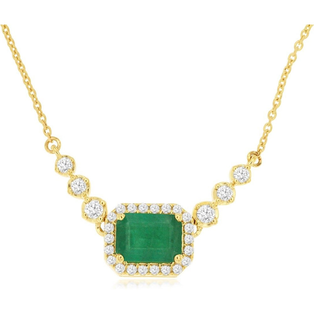 14K Yellow Gold Halo Necklace with Rectangular Emerald and Round Diamond Accents - 1.00 Carat Emerald and 0.25 Carat Total Diamond Weight - Royal Jewelry