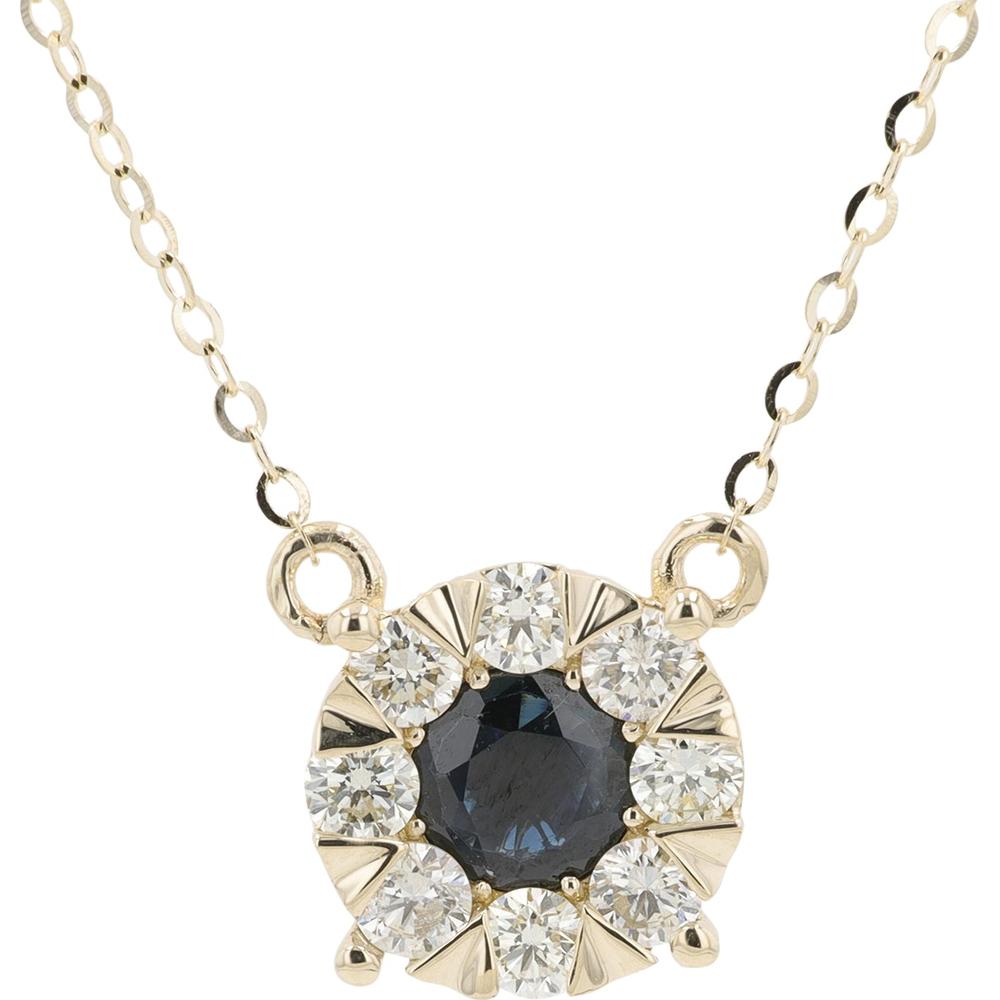14K Yellow Gold Halo Necklace with Round Sapphire and Prong - Set Diamond Accents - 0.50 - 0.65 Carat Sapphire, 0.60 Carat Total Diamond Weight