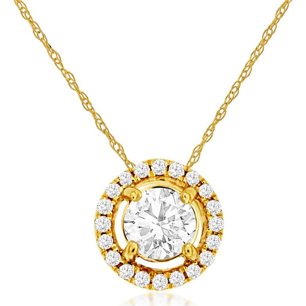 14K Yellow Gold Halo Pendant Necklace with 0.50 Carat Round Brilliant Diamond and Diamond Accent Halo - Royal Jewelry