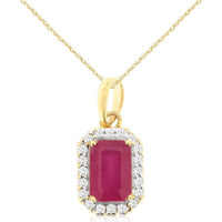 14K Yellow Gold Halo Pendant Necklace with 0.63 Carat Emerald-Cut Ruby and 0.09 Carat Round Diamonds - Royal Jewelry