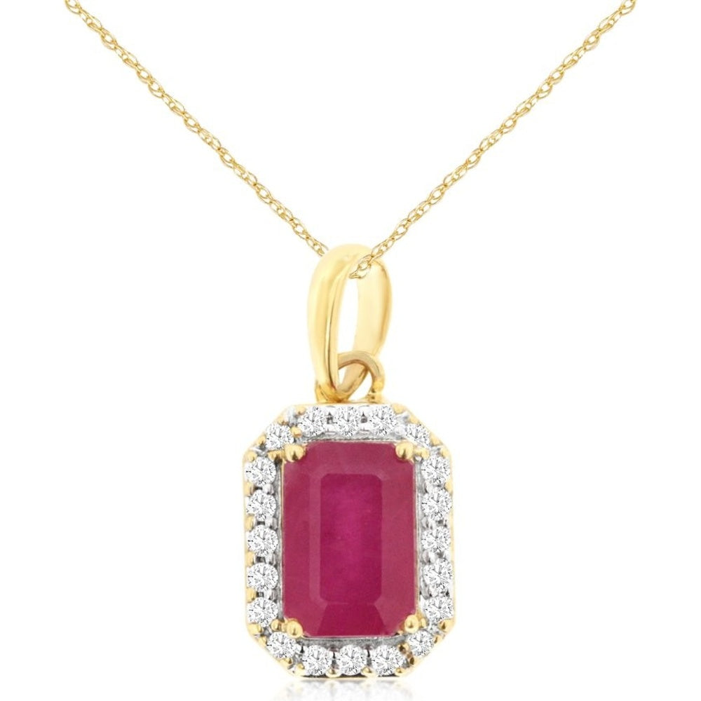 14K Yellow Gold Halo Pendant Necklace with 0.63 Carat Emerald-Cut Ruby and 0.09 Carat Round Diamonds - Royal Jewelry