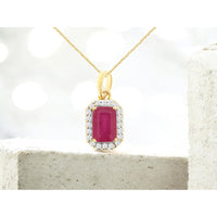 14K Yellow Gold Halo Pendant Necklace with 0.63 Carat Emerald-Cut Ruby and 0.09 Carat Round Diamonds - Royal Jewelry